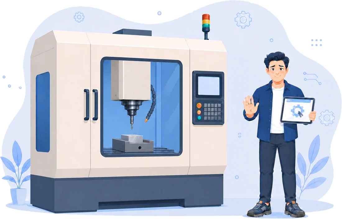 Minh họa kỹ sư trẻ của Viễn Minh đứng cạnh máy phay CNC, tay giơ chào và tay cầm máy tính bảng.